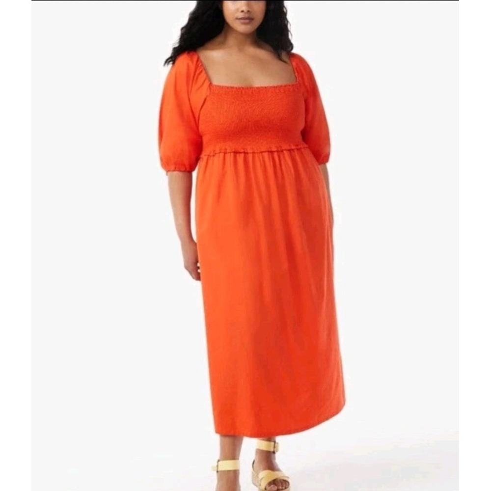 Free Assembly Women's Smocked Midi Dress Orange Convertible Sleeves - Sz XS EXC